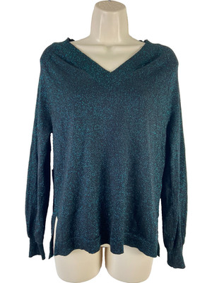 F&F Knitwear Damen Oberteil UK Gr. 10 Grün V-Ausschnitt Langarm mit Silberfaden