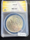 GORGEOUS Toning 1923 $1 Silver Peace Dollar MS 63 MS63 ANACS ESTATE Coin cb629