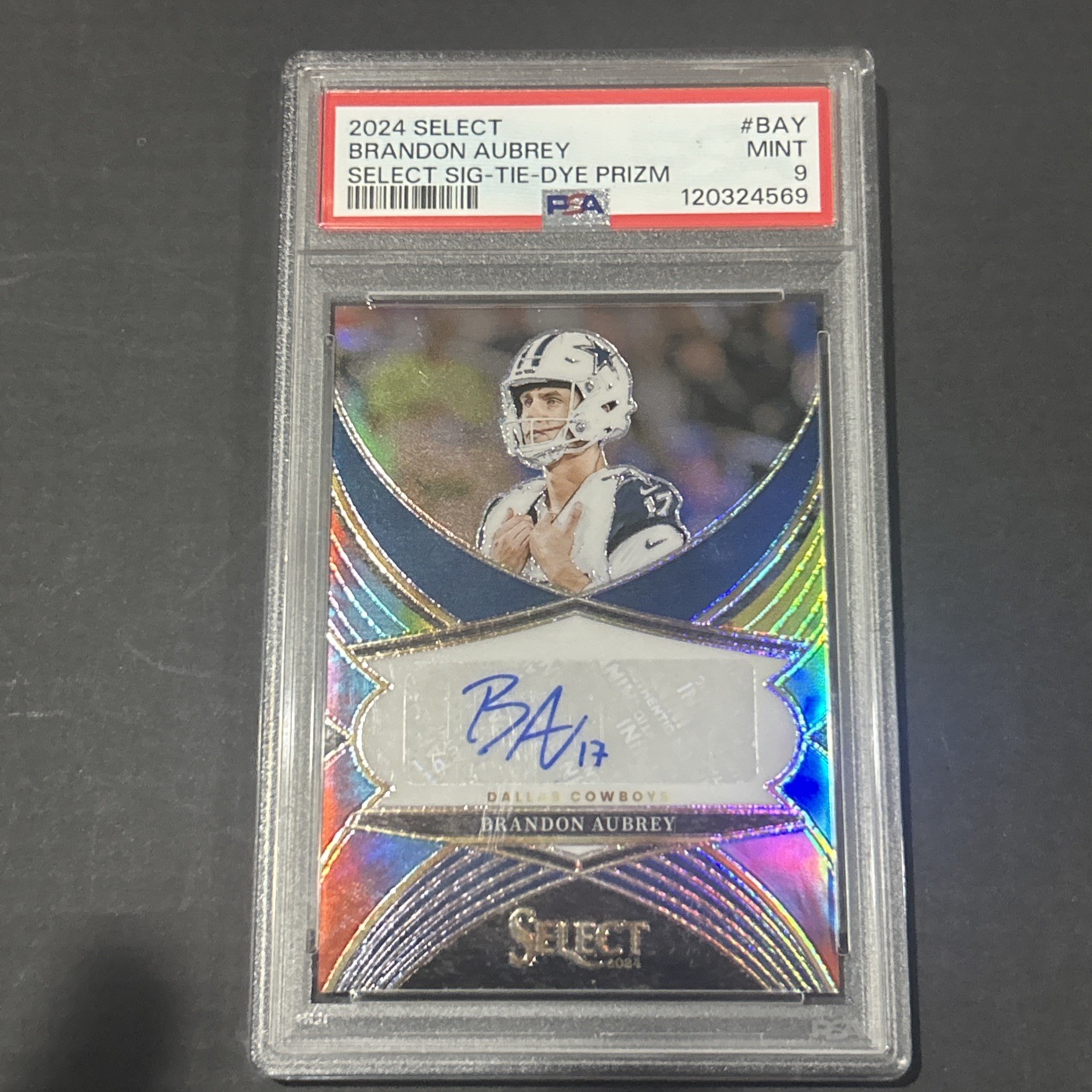 2024 Panini Select Tie Dye #/25 Brandon Aubrey Auto PSA 9 *Pop 1*Best NFL Kicker view 1