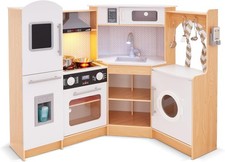 Kids Corner Kitchen Set, Pretend Wooden Deluxe Play Kitchen, Battery Operated