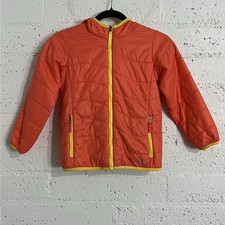 LL Bean Girl Jacket 6X/7 Orange Quilted Yellow Contrast Hooded Nylon B9