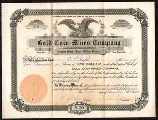 1910 Oregon Gold Coin Mines Co EX RARE Stock Certificate