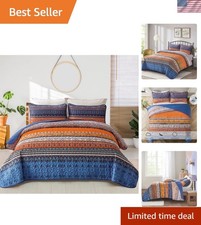 Boho Fall Queen Quilt Set, Blue and Orange Bohemian Queen Quilt Bedding Set, ...