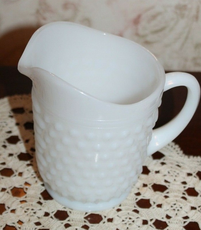 Vtg White Milk Glass Hobnail Pitcher Creamer Dashes and Dots EUC 