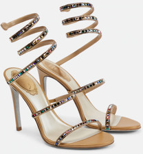 Rene Caovilla Cleo Gold Multicolor Crystal Ankle Strap Sandal Heel Pump 37.5
