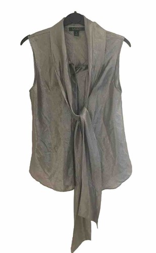 Ralph Lauren UK 12 Silk Metallic Silver Bow Tie Neck Sleeveless Blouse VGC - Picture 2 of 9