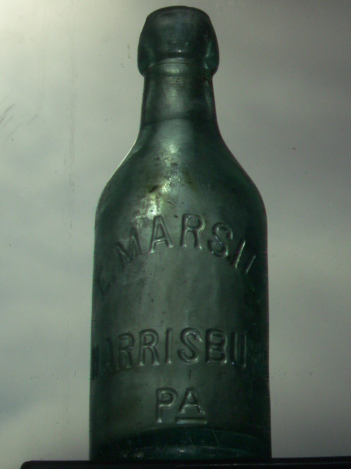 Vintage blue embossed  E. Marsili Harrisburg, Pa. affixed blob top glass bottle