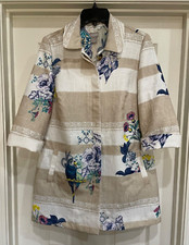 CHICO'S Jacket - White/Beige Polyester Buttoned, 3/4 Sleeve, Floral, Size 0, 4-6
