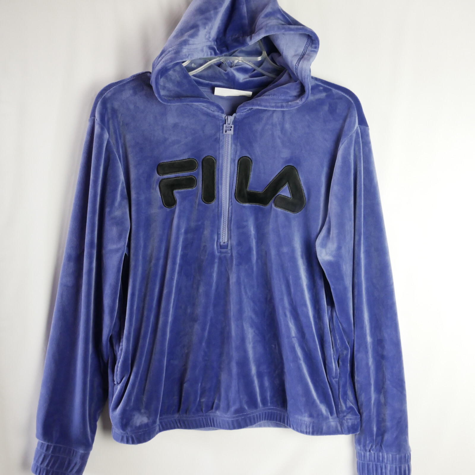 Felpa con cappuccio vintage Fila uomo taglia media in velluto pullover 1 4 zip blu