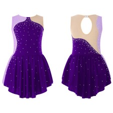 Kids Girls Dancewear Rhinestone Decorated Leotards Patchwork Dance Dress Mesh