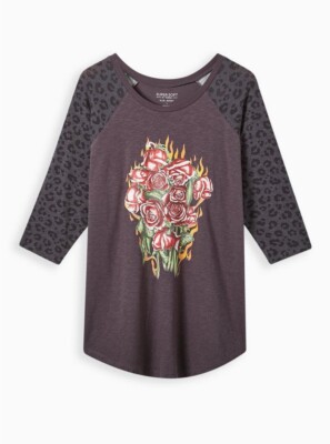 Torrid Super Soft Slub Baseball Tee Roses & Leopard Grey Plus 3 3X 22 24 #D05466