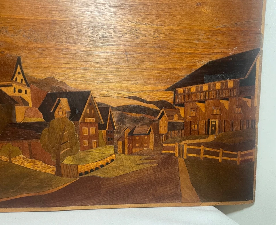antique handmade carved marquetry wood church town landscape wall art veneer - Image 3 of 4