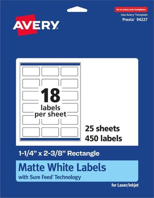 Avery Matte White Rectangle Labels With Sure Feed, 1-1/4 X 2-3/8 , 450 Matte