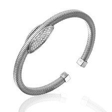 925 STERLING SILVER OVAL CENTER BANGLE BRACELET W/ ACCENTS / ITALIAN MADE