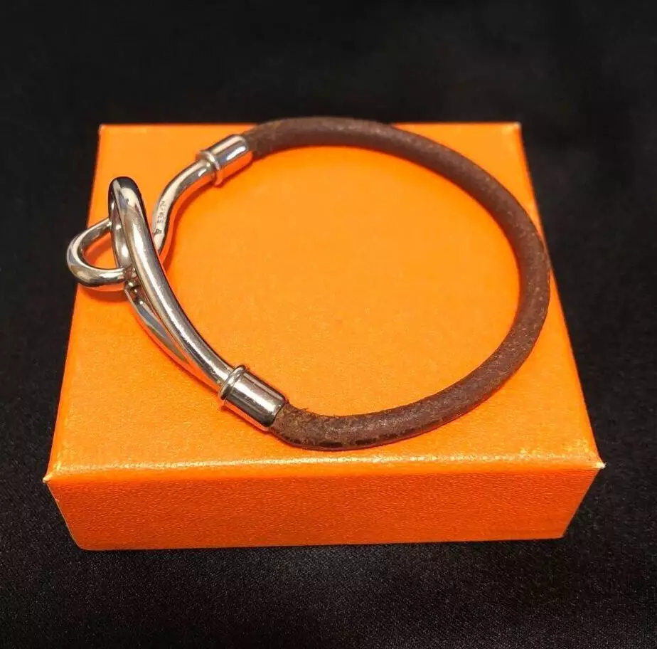 HERMES Jumbo Bracelet Bangle Brown Leather Silver Metal Authentic