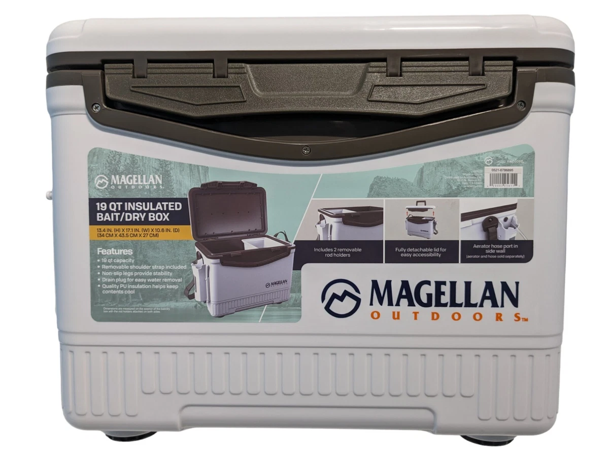 Magellan 19 Quart Fishing Bait Box Cooler Shoulder Strap Rod Holder Aerator  Hole