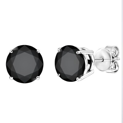 2 Ct Real Black Diamond Solitaire Stud Earrings 14K White Gold Plated 925 Silver