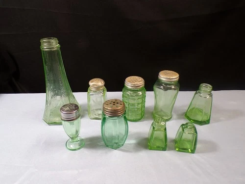 Lot of 9 Vintage Mostly Green Depression Glass Salt or Pepper Shakers Some Glow