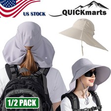 Women Wide Brim Sun Hat w/ Neck Flap Ponytail Hole for Outdoor Camping Hiking