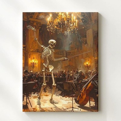 Wall Art Skeleton Orchestra Conductor Canvas Elegant Halloween Concert Hall Art