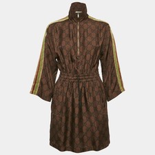Gucci Brown GG Monogram Print Silk Contrast Tape Trimmed Mini Dress S
