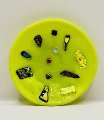Handcrafted Fused Glass 5  Lime Green w/ dichroic glass shards Trinket Dish