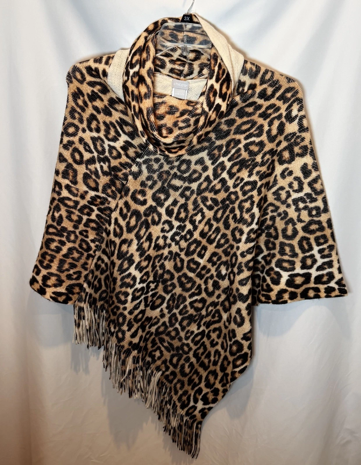 Chico’s Leopard Print Fringe Poncho Sweater One Size Quiet Luxury Mob Wife Wrap