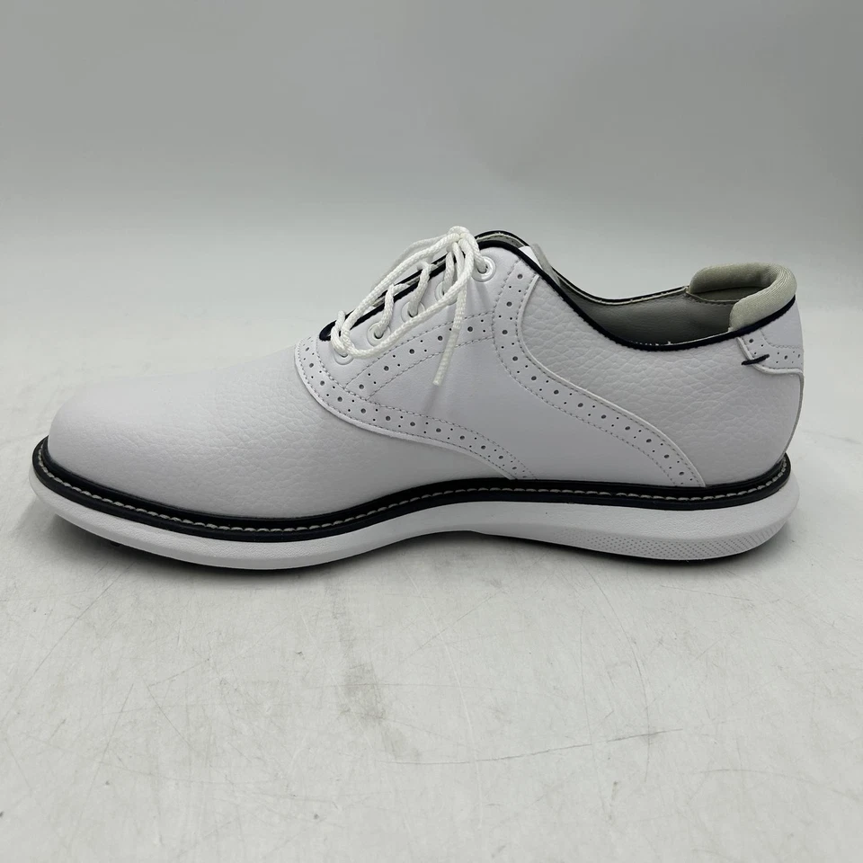 Zapatos de golf FootJoy Traditions sin clavos para hombre, blancos/azul marino, 11 estrechos Foto 3 de 4