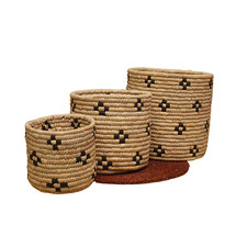 Handwoven Sabai Grass Round Storage Baskets - Black Pattern Set of 3