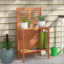 Garden Potting Bench Table, Folding Potting Bench Outdoor Workstation w/ Trellis