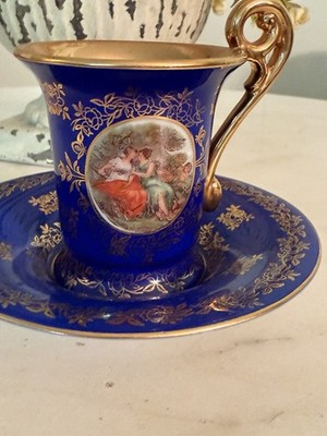Bremer and Schmidt Blue and Gold Cameo Demitasse Cup and Saucer Portrait