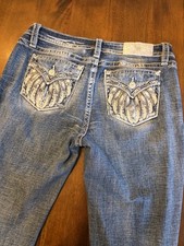 Miss Me Boot Cut Low Rise Y2K Jeans Sz 30 Embellished Flap Pocket Wings Festival