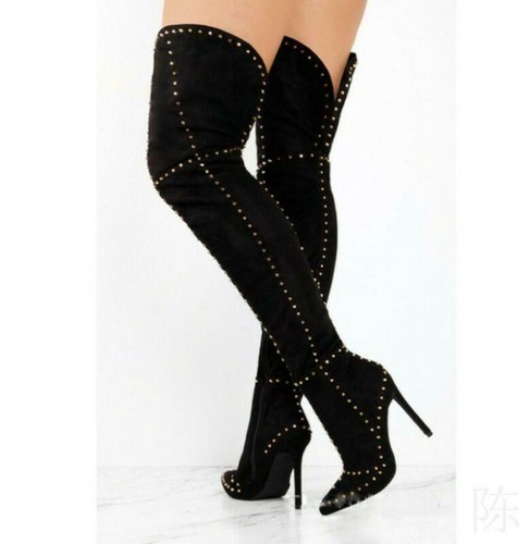 Super Tacón Alto Zapatos De Mujer señaló Tachonado Remaches sobre la  rodilla Botas muslo Fiesta | eBay