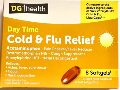 DG HEALTH DAYTIME COLD AND FLU MULTI-SYMPTOM Relief 8 Softgels EXP 04/27