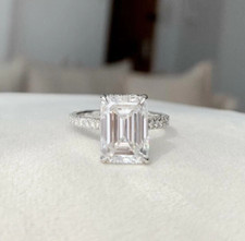 4.20 CT Emerald Cut Moissanite Hidden Halo Engagement Ring 14k White Gold Plated