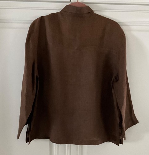 CHICO DESIGN LINEN SHIRT Button up front, 3/4 Sleeve Warm Brown Size 1 EUC - Picture 2 of 2