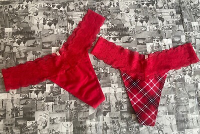 2 NWT Victoria's Secret Cotton Floral Lace-waist Thong Panty Red Fury & Plaid  L