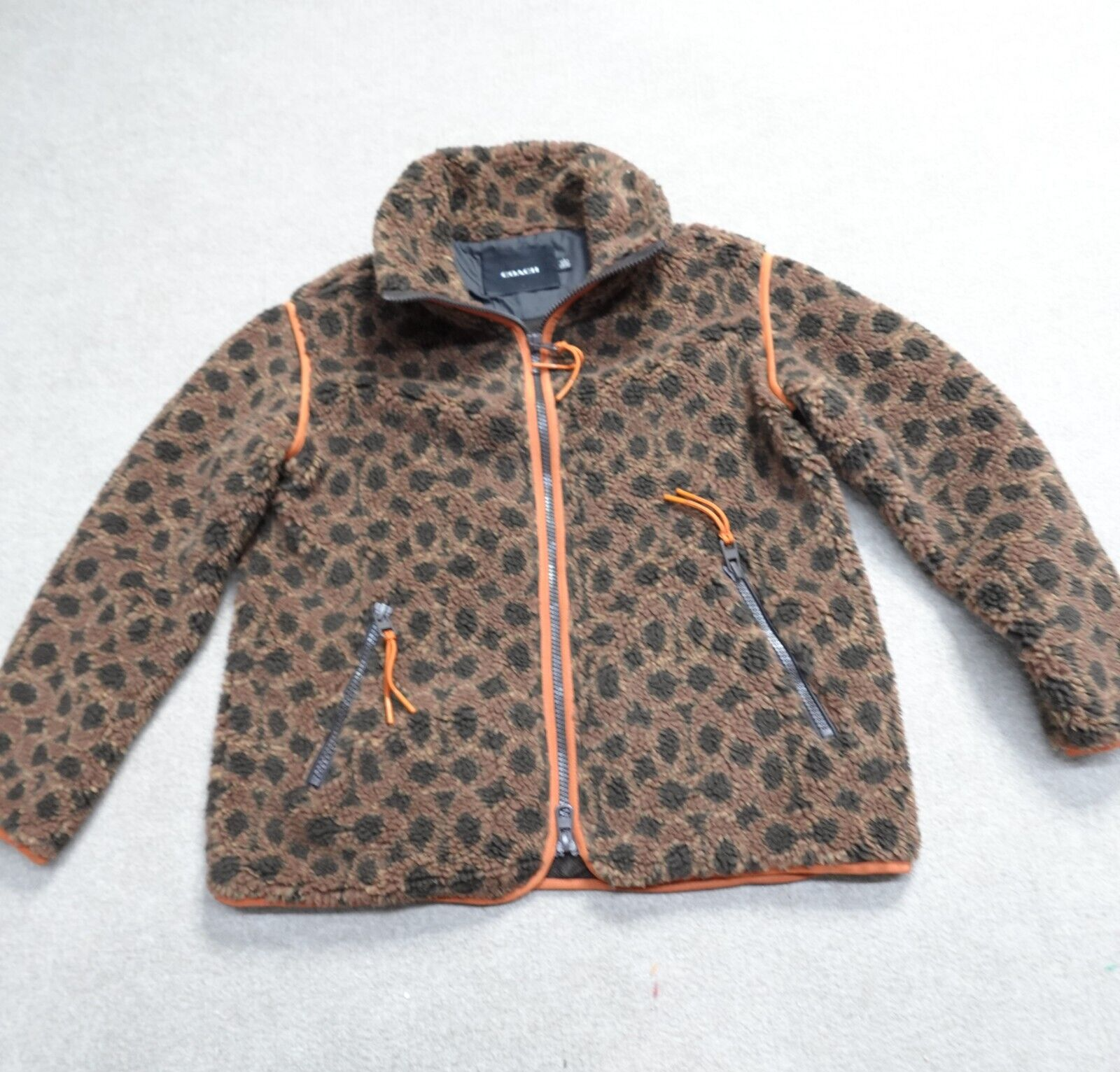 Coach Womens Jacket Large Brown All Over Logo High Pile Fleece