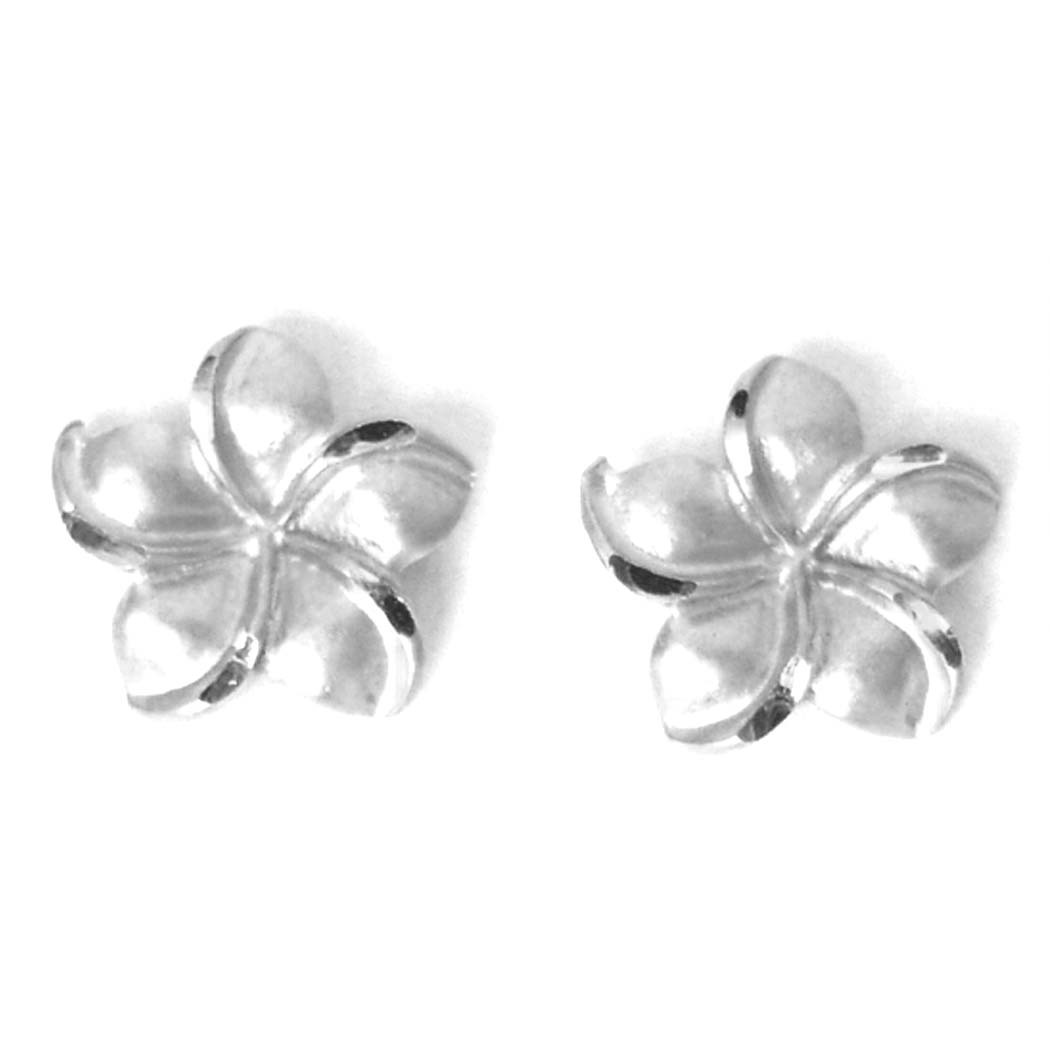 14K Solid White Gold Hawaiian Plumeria Flower Earring 3/8