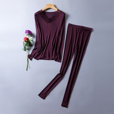 50 Silk 50 Viscose Women Lace Neck Warm Thermal Underwear Set Long Johns XS383