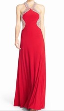 JS Collections Halter Neck Slit Hot Red Embellished Jersey A-Line Gown 12