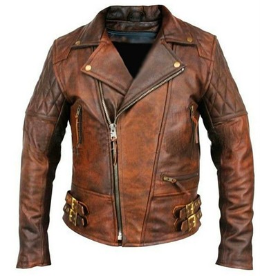Men s Motorcycle Vintage Cafe Racer Biker Distressed Brown Real Leather Jacket