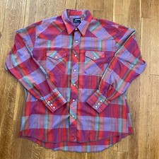Wrangler Plaid Shirt Pearl Snap Long Sleeve Men s XL USA Western Wear Red Purple