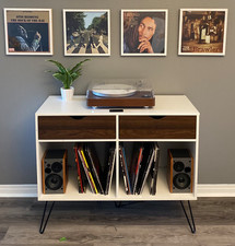 Retro Turntable Stand Mid Century Modern Vinyl Record Album Cabinet with Drawers
