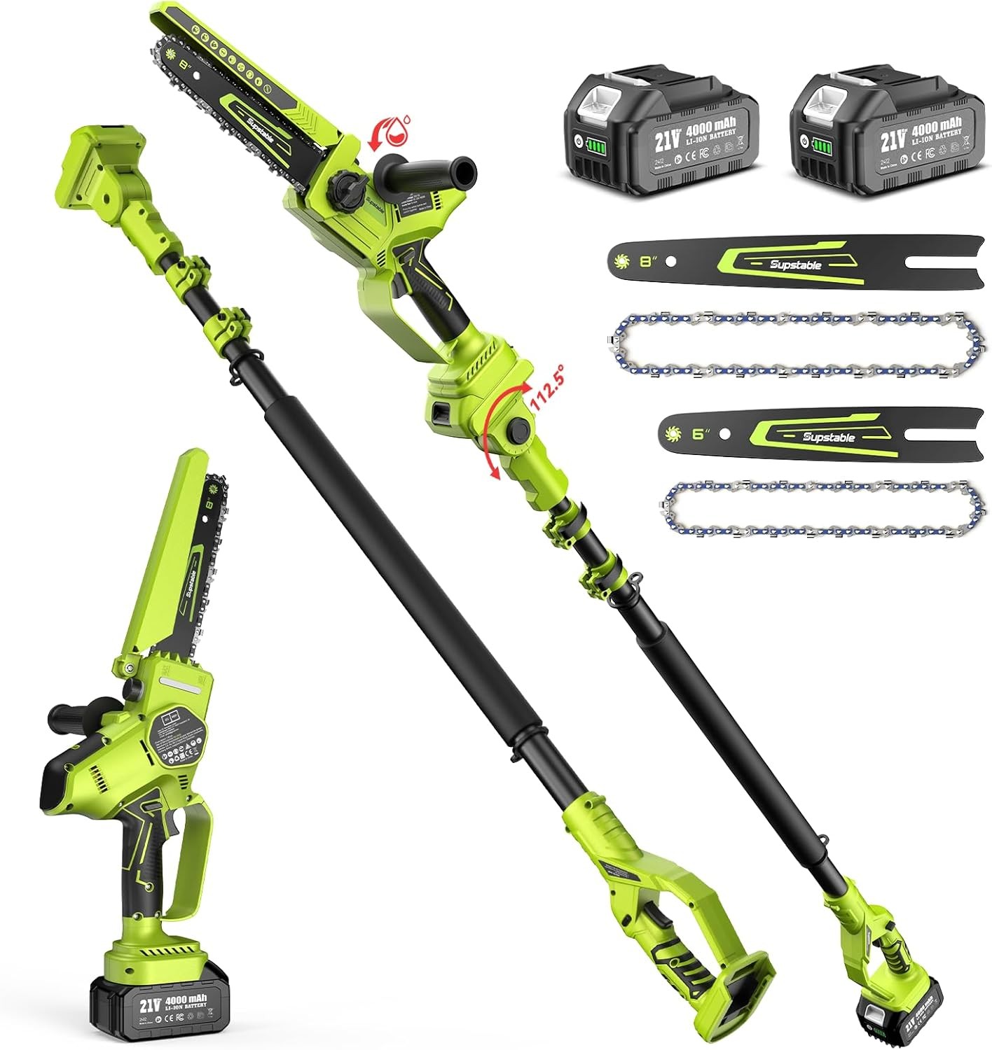 2-IN-1 Cordless 15Ft Long Reach 8in Pole Saw & 6inch Chainsaws for Cutting Trees