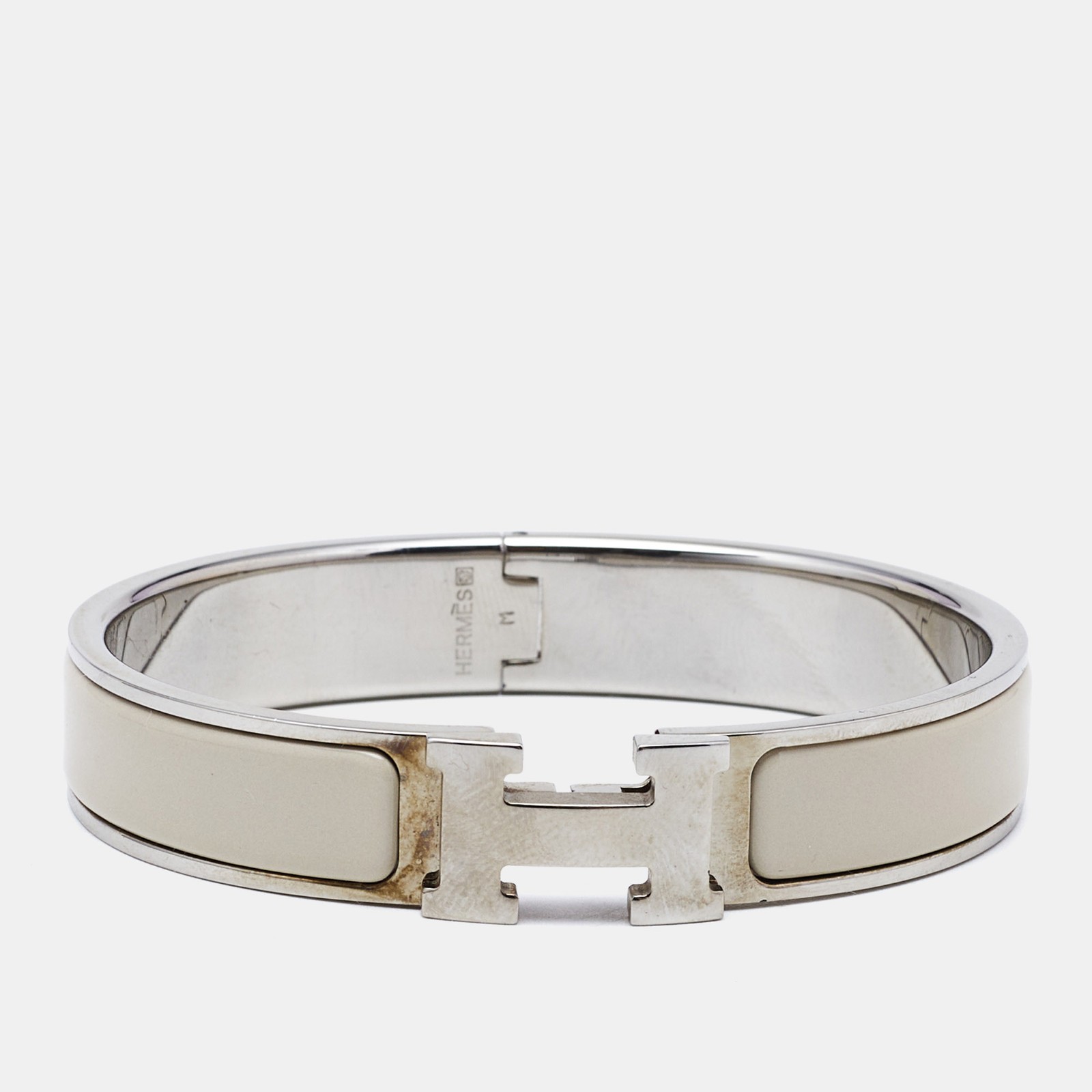 Hermes Clic H White Enamel Palladium Plated Adjustable Bracelet