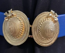 Vintage Rare Douglas Paquette Straw Hats Gold Tone Interlocking Belt Buckles 