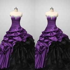 Gothic Wedding Dresses Puffy Beaded Tiered Purple Black Vintage Bridal Gowns