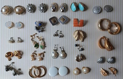 Lot 25 Pair Vintage Clip Screw Back Earrings Mixed Materials Tones Some Wear