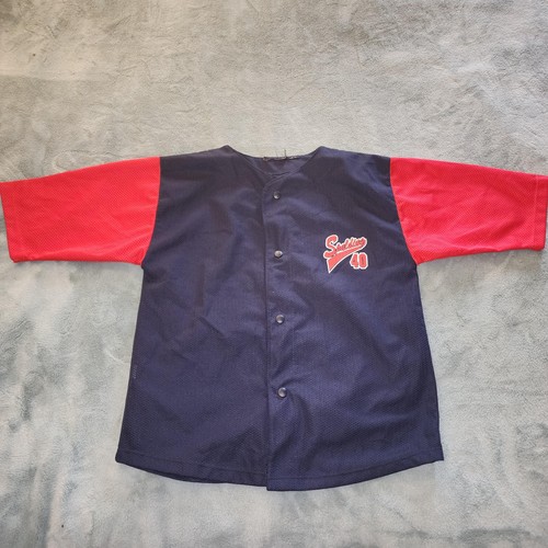 Spalding Jersey Youth Medium Blue Red Button Front Baseball 40 Shirt Mesh